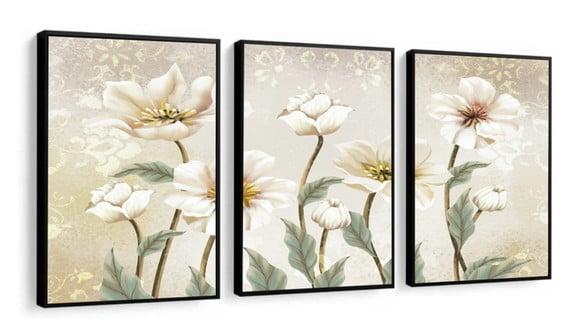 Kit 3 Quadros Decorativos Flores Brancas Para Sala Molduras