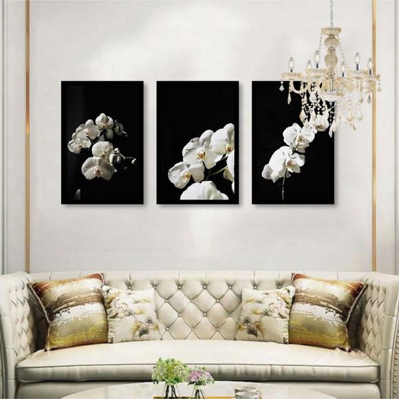 Kit 3 Quadros Decorativos Flores Brancas Para Sala Molduras
