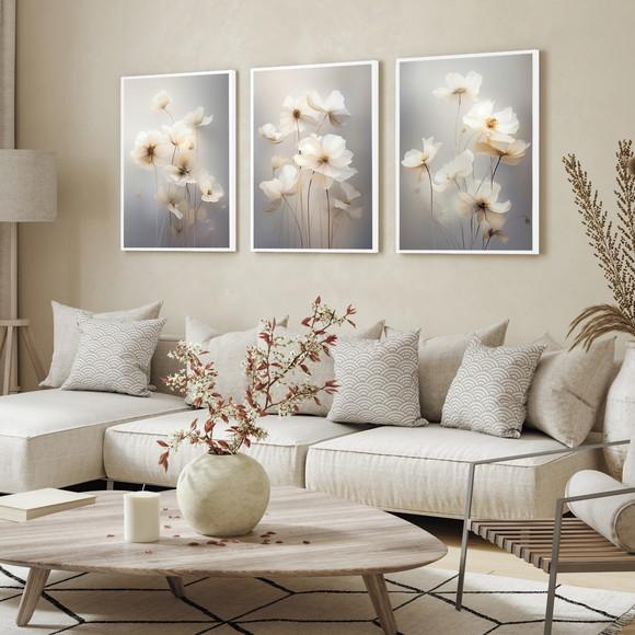 Kit 3 Quadros Decorativos Flores Brancas Sala Quarto Moldura