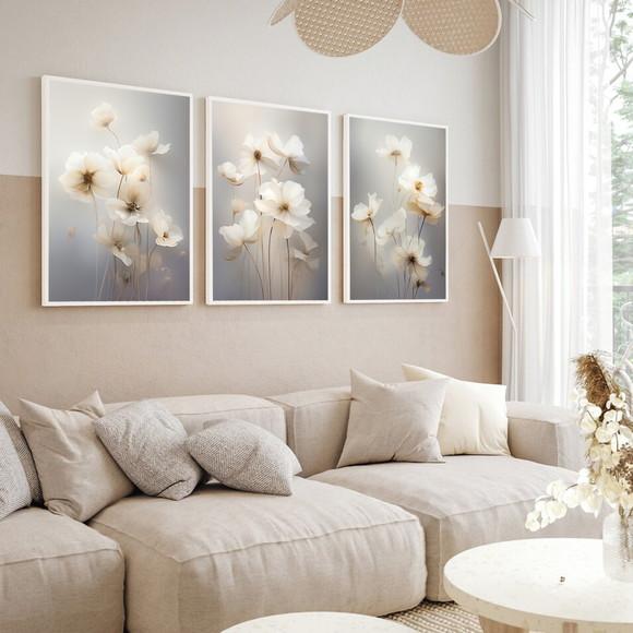 Kit 3 Quadros Decorativos Flores Brancas Sala Quarto Moldura