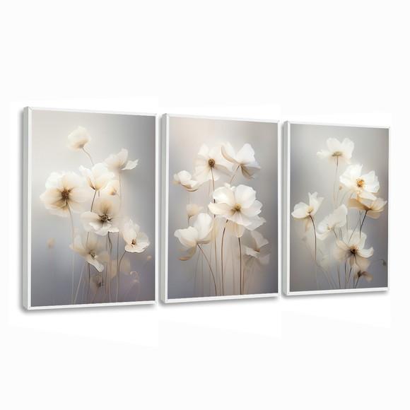 Kit 3 Quadros Decorativos Flores Brancas Sala Quarto Moldura