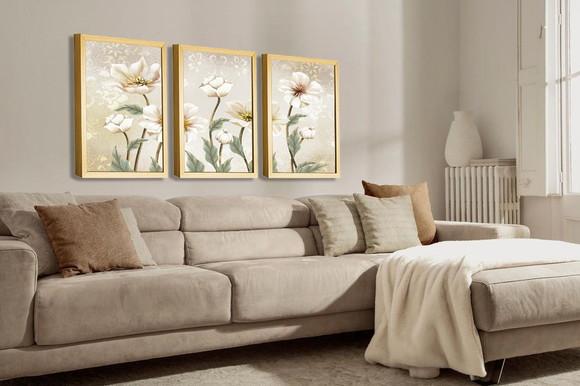 Kit 3 Quadros Decorativos Flores Brancas Sala Quarto Moldura