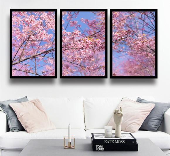 Kit 3 Quadros Decorativos Flores Cerejeira Botânico Molduras