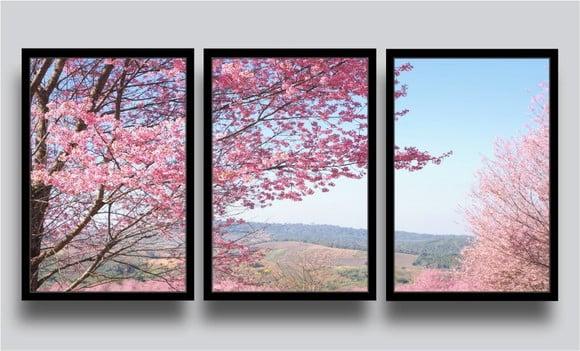 Kit 3 Quadros Decorativos Flores Cerejeira Botânico Molduras