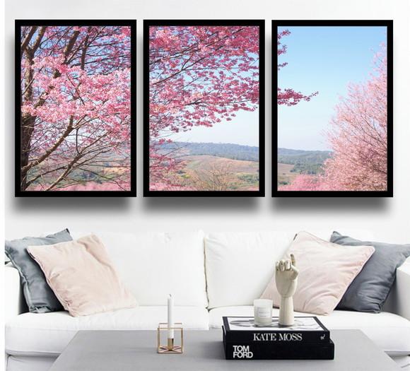 Kit 3 Quadros Decorativos Flores Cerejeira Botânico Molduras