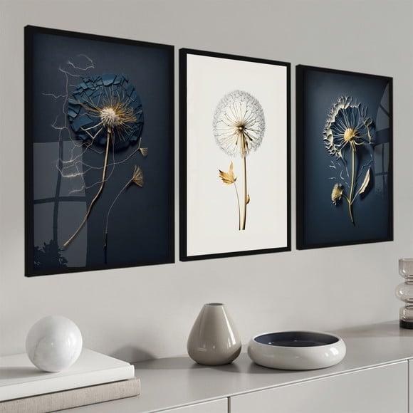 Kit 3 Quadros Decorativos Flores Dente de Leão Moldura Vidro
