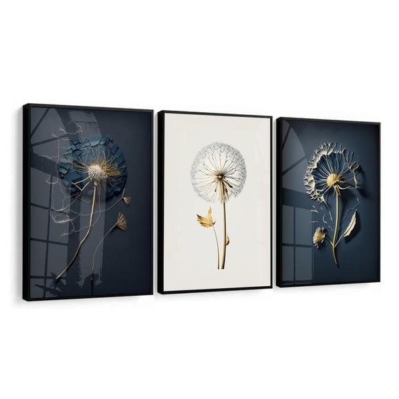 Kit 3 Quadros Decorativos Flores Dente de Leão Moldura Vidro