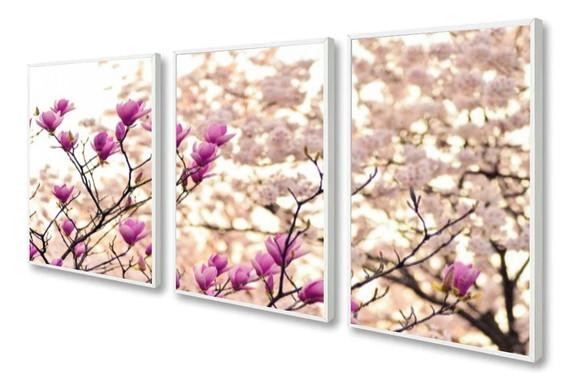 Kit 3 Quadros Decorativos Flores De Cerejeira Para Sala Hall