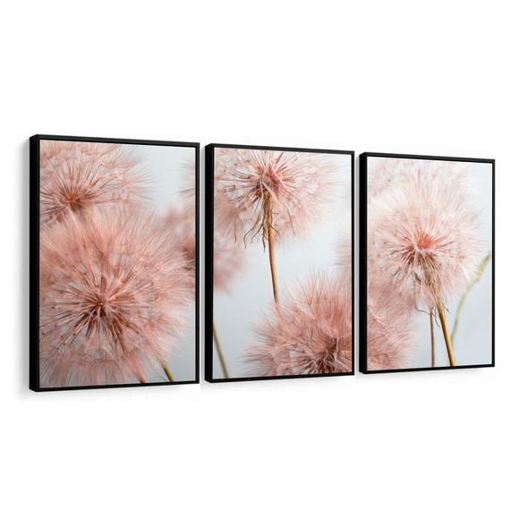 Kit 3 Quadros Decorativos Flores Dente De Leão Rosa Moldura