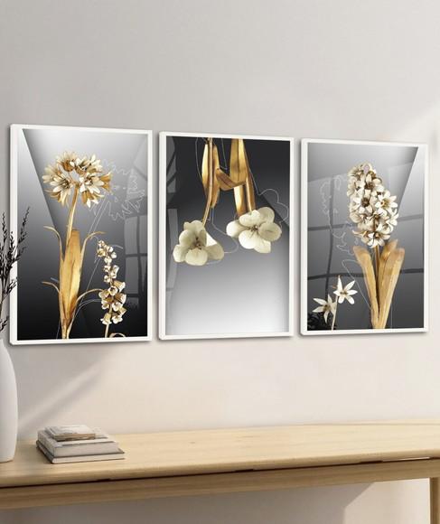 Kit 3 Quadros Decorativos Flores Douradas com Moldura Vidro