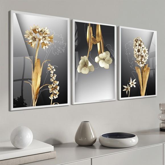 Kit 3 Quadros Decorativos Flores Douradas com Moldura Vidro