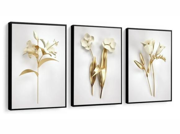 Kit 3 Quadros Decorativos Flores Douradas Branca Com Moldura