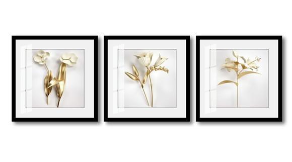 Kit 3 Quadros Decorativos Flores Douradas Com Moldura Vidro