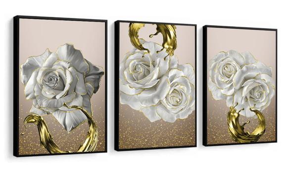 Kit 3 Quadros Decorativos Flores Douradas Gold Com Moldura