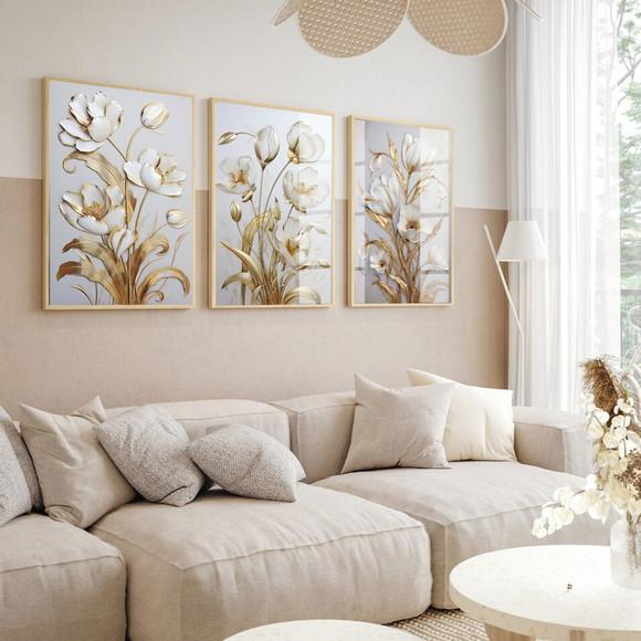Kit 3 Quadros Decorativos Flores Douradas Gold Luxo Vidro