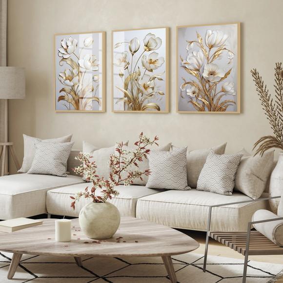 Kit 3 Quadros Decorativos Flores Douradas Gold Luxo Vidro