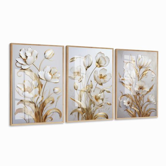 Kit 3 Quadros Decorativos Flores Douradas Gold Luxo Vidro