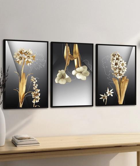 Kit 3 Quadros Decorativos Flores Douradas Modernas Moldura