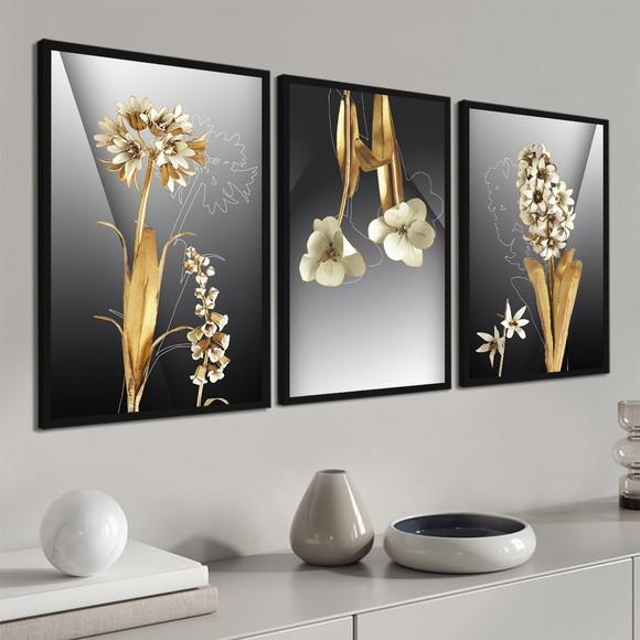 Kit 3 Quadros Decorativos Flores Douradas Modernas Moldura