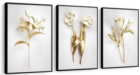 Kit 3 Quadros Decorativos Flores Douradas Moderno Molduras