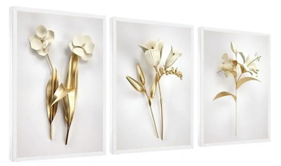 Kit 3 Quadros Decorativos Flores Douradas Moderno Gold Hall