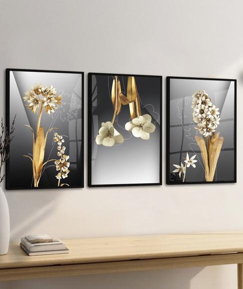 Kit 3 Quadros Decorativos Flores Douradas Moldura e Vidro