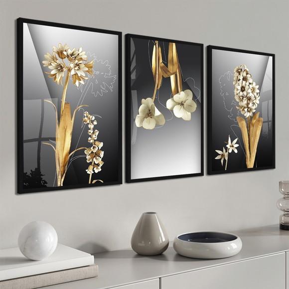 Kit 3 Quadros Decorativos Flores Douradas Moldura e Vidro