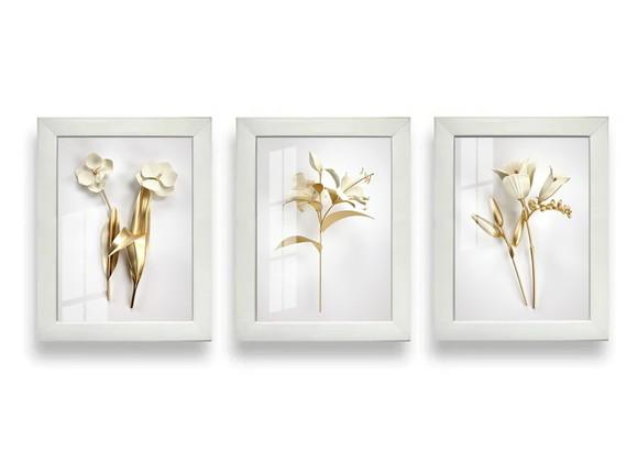 Kit 3 Quadros Decorativos Flores Douradas Moldura e Vidro
