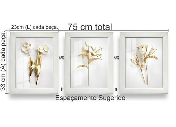 Kit 3 Quadros Decorativos Flores Douradas Moldura e Vidro