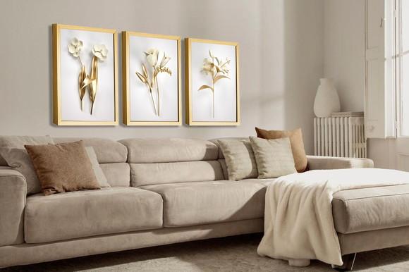 Kit 3 Quadros Decorativos Flores Douradas Ouro Gold Moldura