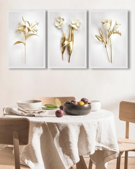 Kit 3 Quadros Decorativos Flores Douradas Para Sala Moldura