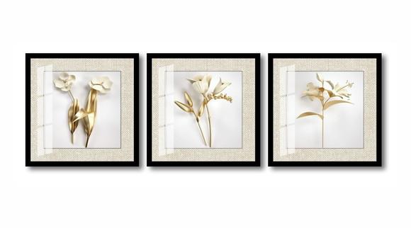 Kit 3 Quadros Decorativos Flores Douradas Sala Moldura Vidro