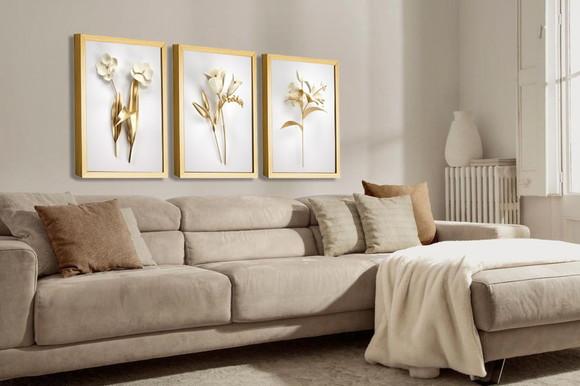 Kit 3 Quadros Decorativos Flores Douradas Sala Quarto Hall