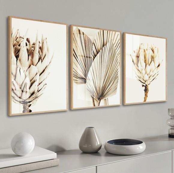 Kit 3 Quadros Decorativos Flores Folhagem Bege Moldura Vidro