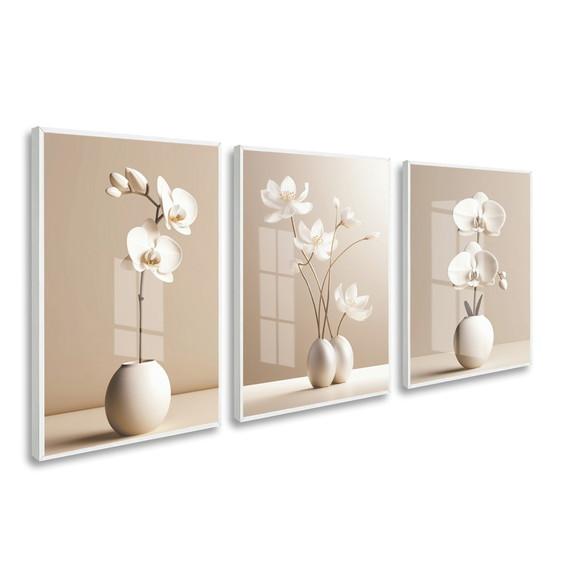 Kit 3 Quadros Decorativos Flores Moderna Bege Moldura Vidro