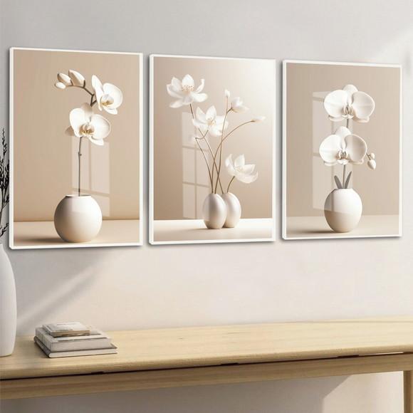 Kit 3 Quadros Decorativos Flores Moderna Bege Moldura Vidro