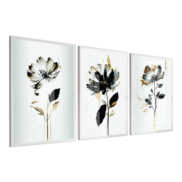 Kit 3 Quadros Decorativos Flores Modernas Azul Moldura Vidro