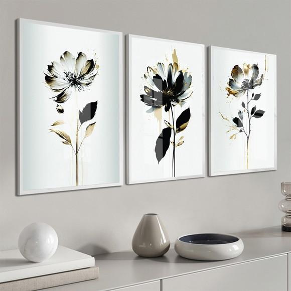 Kit 3 Quadros Decorativos Flores Modernas Azul Moldura Vidro