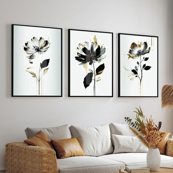Kit 3 Quadros Decorativos Flores Modernas com Moldura Vidro