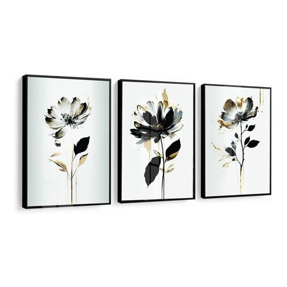Kit 3 Quadros Decorativos Flores Modernas com Moldura Vidro