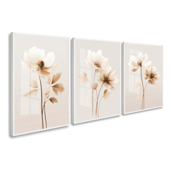 Kit 3 Quadros Decorativos Flores Modernas Moldura e Vidro