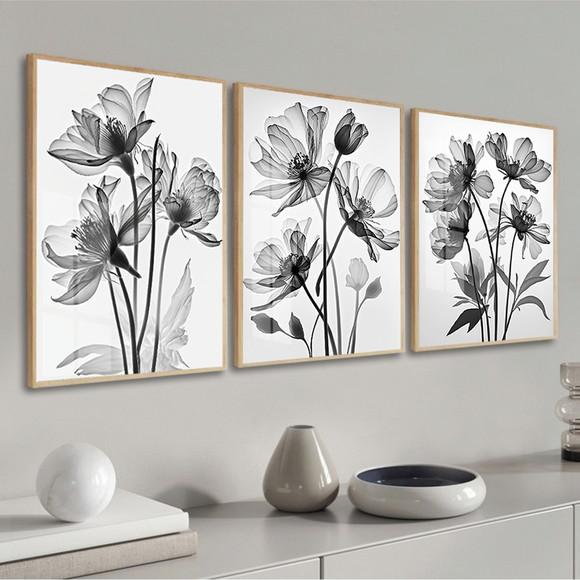 Kit 3 Quadros Decorativos Flores Modernas Moldura e Vidro