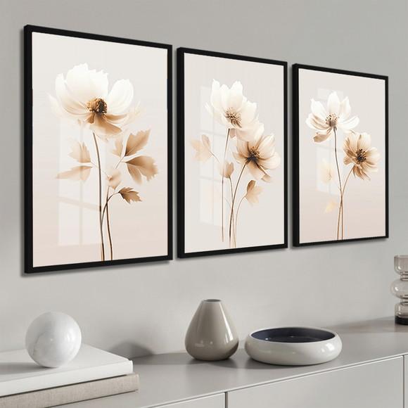 Kit 3 Quadros Decorativos Flores Modernas Moldura e Vidro