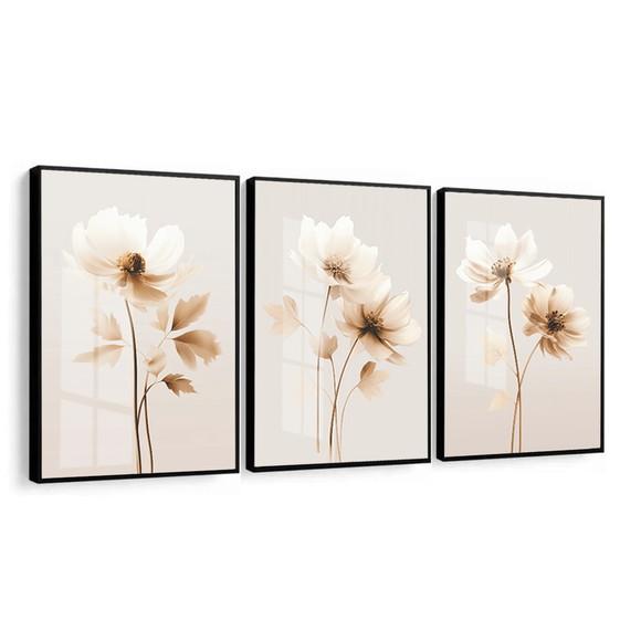 Kit 3 Quadros Decorativos Flores Modernas Moldura e Vidro