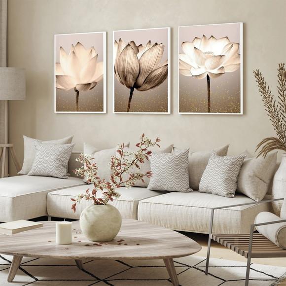 Kit 3 Quadros Decorativos Flores Modernas Para Sala Moldura