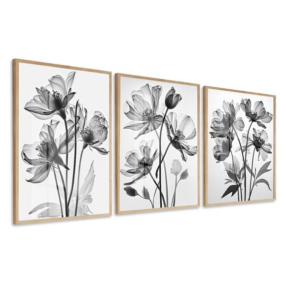 Kit 3 Quadros Decorativos Flores Modernas Moldura e Vidro