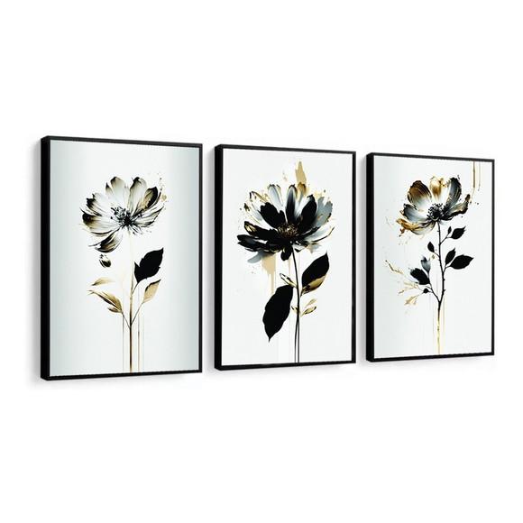 Kit 3 Quadros Decorativos Flores Modernas Preta Gold Moldura