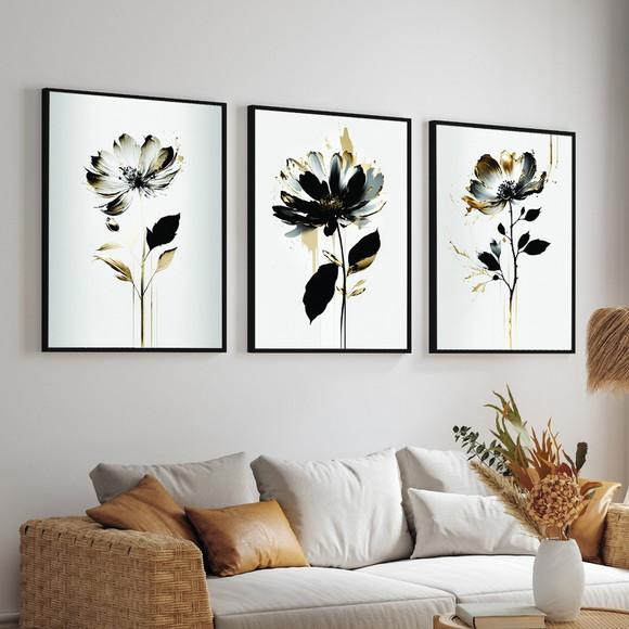 Kit 3 Quadros Decorativos Flores Modernas Preta Gold Moldura