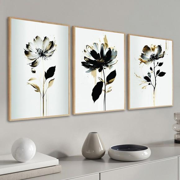 Kit 3 Quadros Decorativos Flores Modernas Sala Hall Moldura