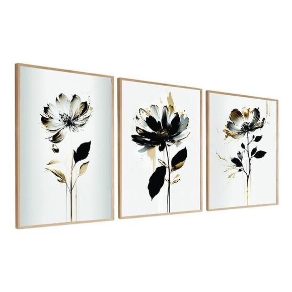 Kit 3 Quadros Decorativos Flores Modernas Sala Hall Moldura
